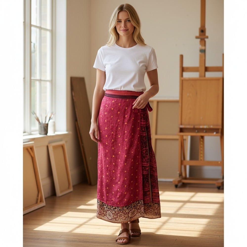 Wevez Women's Wrap‎ Skirt Pink Red Boho Floral Paisley Tie Waist Size L